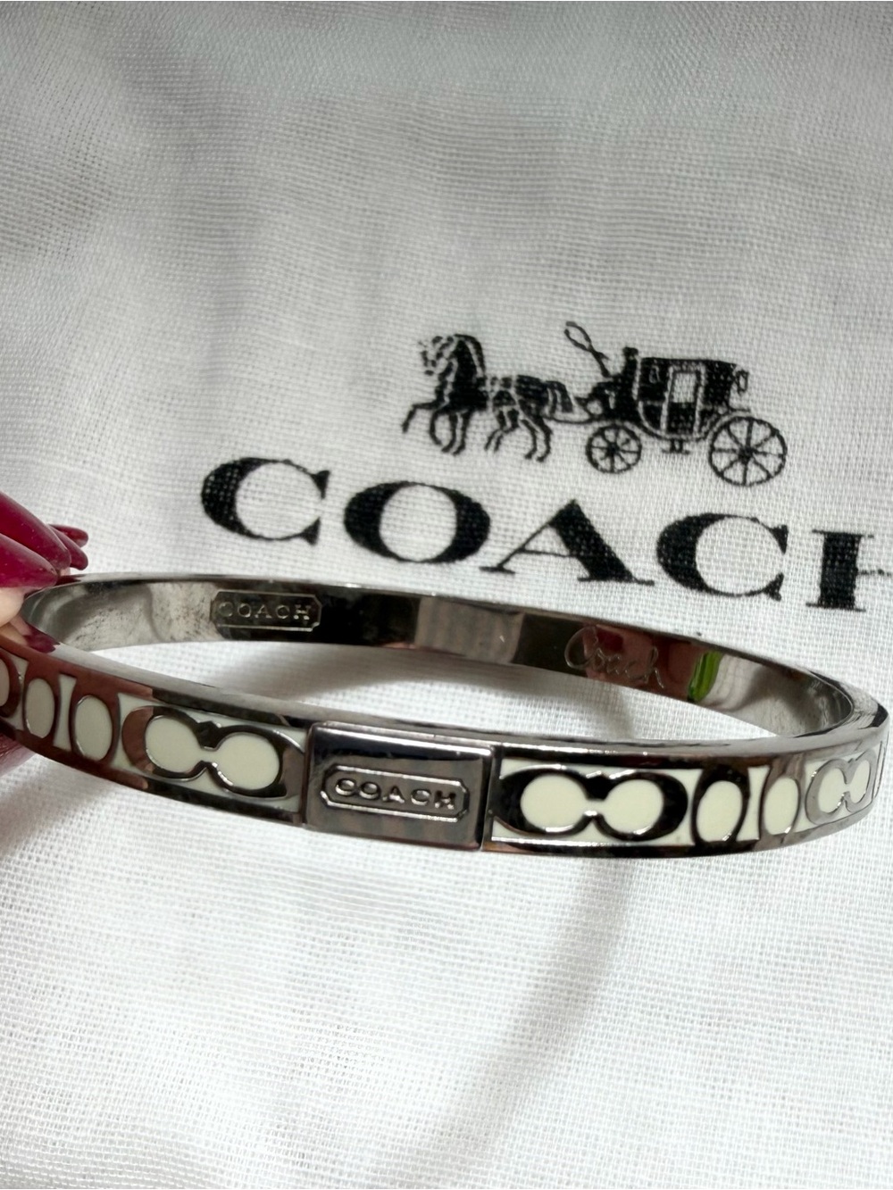 Coach Signature C Ivory Enamel Hinged Bangle Bracelet Silver Tone